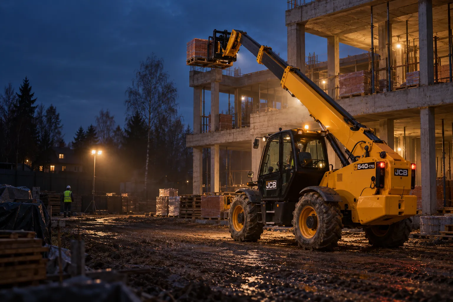 Телескопический погрузчик JCB подаёт паллету кирпича на перекрытие второго этажа строящегося дома в сумерках