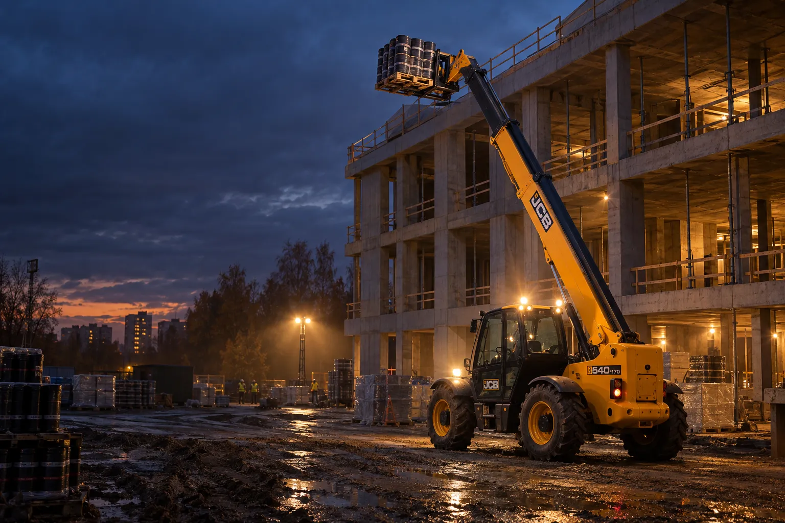 Телескопический погрузчик JCB на полностью выдвинутой стреле держит паллету рулонных материалов у края кровли пятиэтажного корпуса