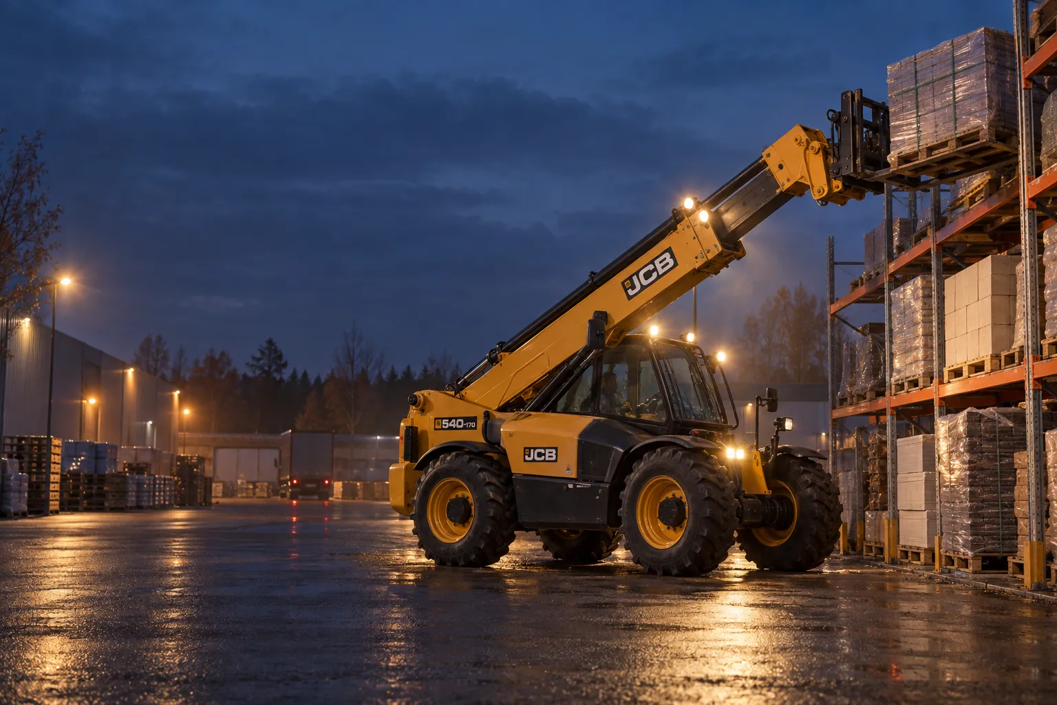 Телескопический погрузчик JCB снимает паллету с верхнего яруса открытого стеллажа на площадке склада вечером