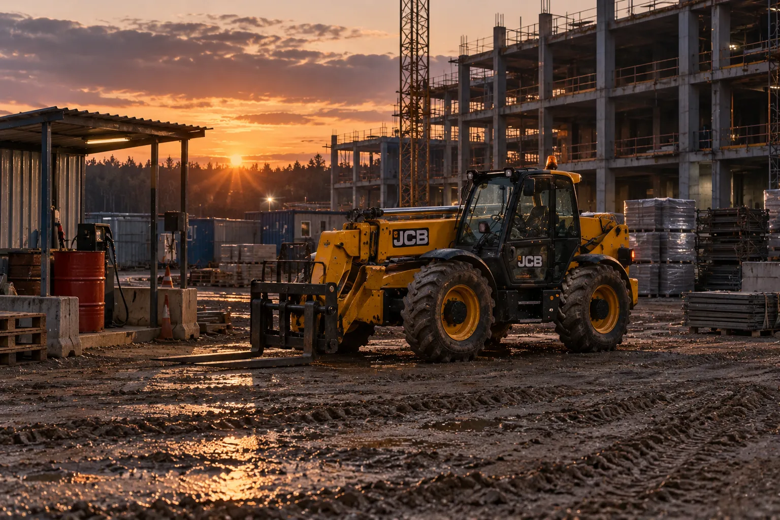 Телескопический погрузчик JCB стоит на своём месте у бочки с топливом на длительном объекте в конце смены