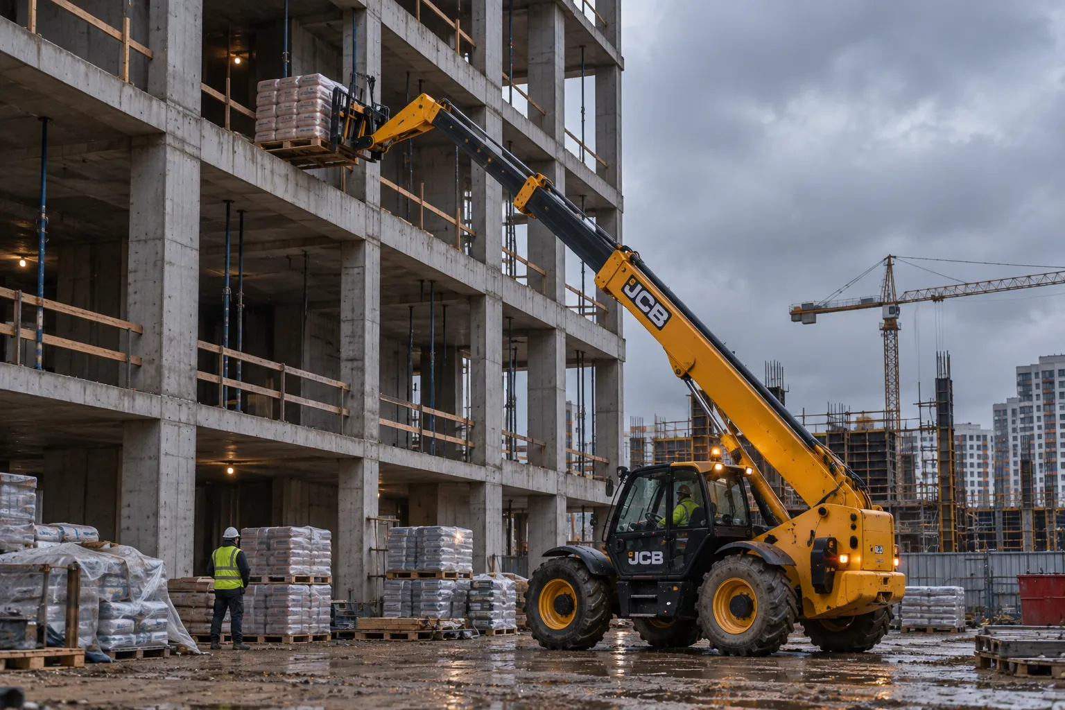 Телескопический погрузчик JCB подаёт паллету мешков со смесью в проём третьего этажа бетонного каркаса