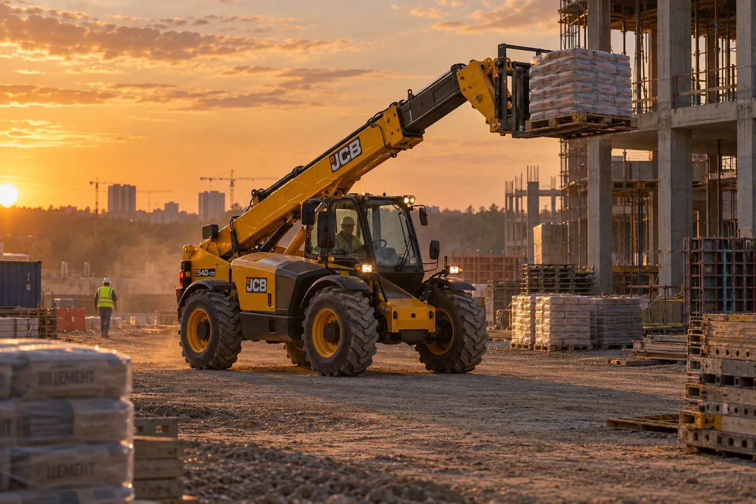 Телескопический погрузчик JCB 540-170 с оператором поднимает паллету мешков со смесью на стройплощадке на закате