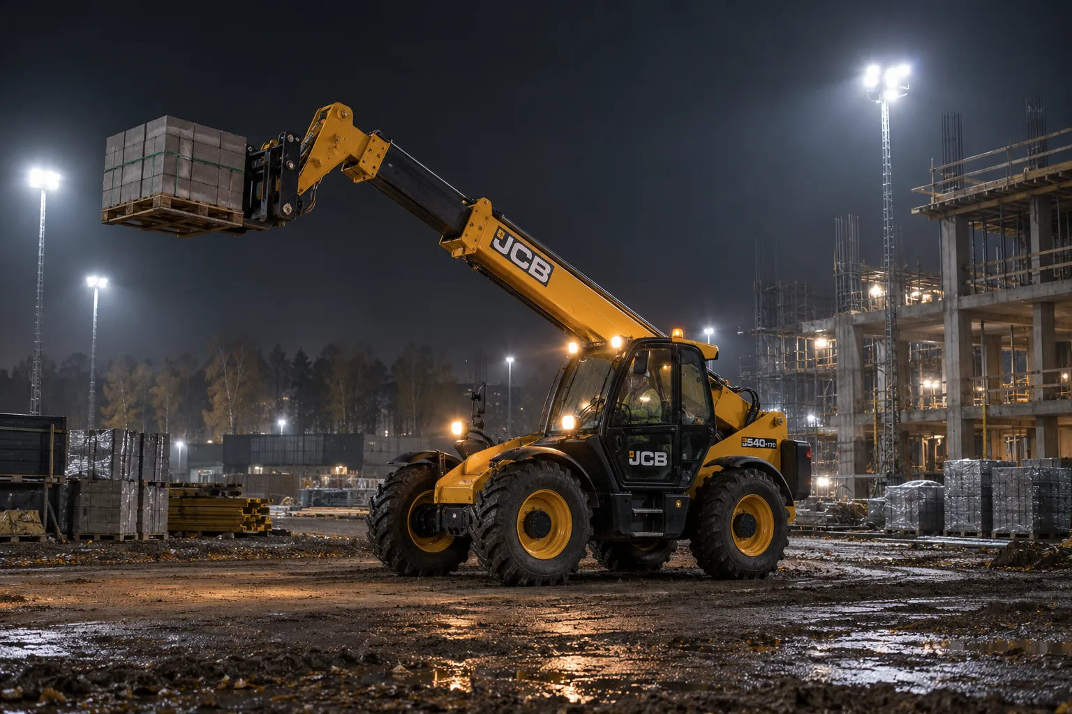 Телескопический погрузчик JCB ночью поднимает паллету блоков при свете прожекторов площадки
