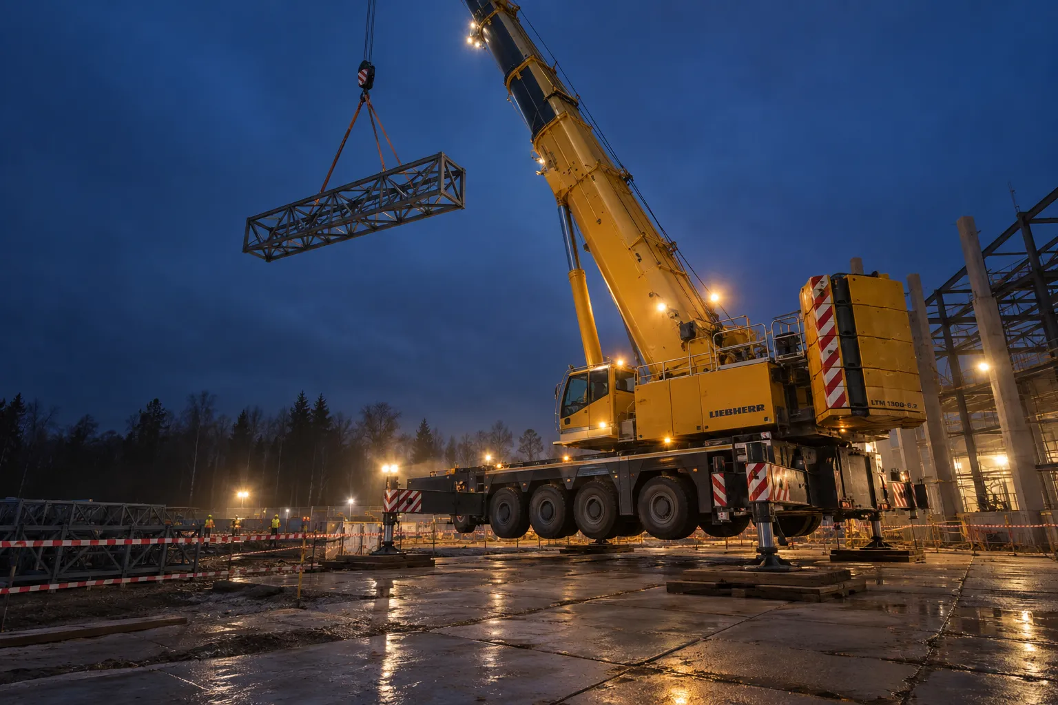 Автокран Liebherr на выдвинутых выносных опорах поднимает металлическую ферму на крюке в сумерках