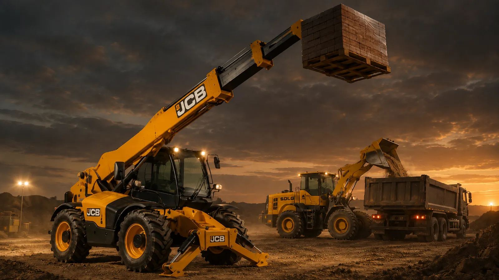 Телескопический погрузчик JCB поднимает паллету на выдвинутой стреле, на фоне фронтальный погрузчик SDLG грузит самосвал у земли