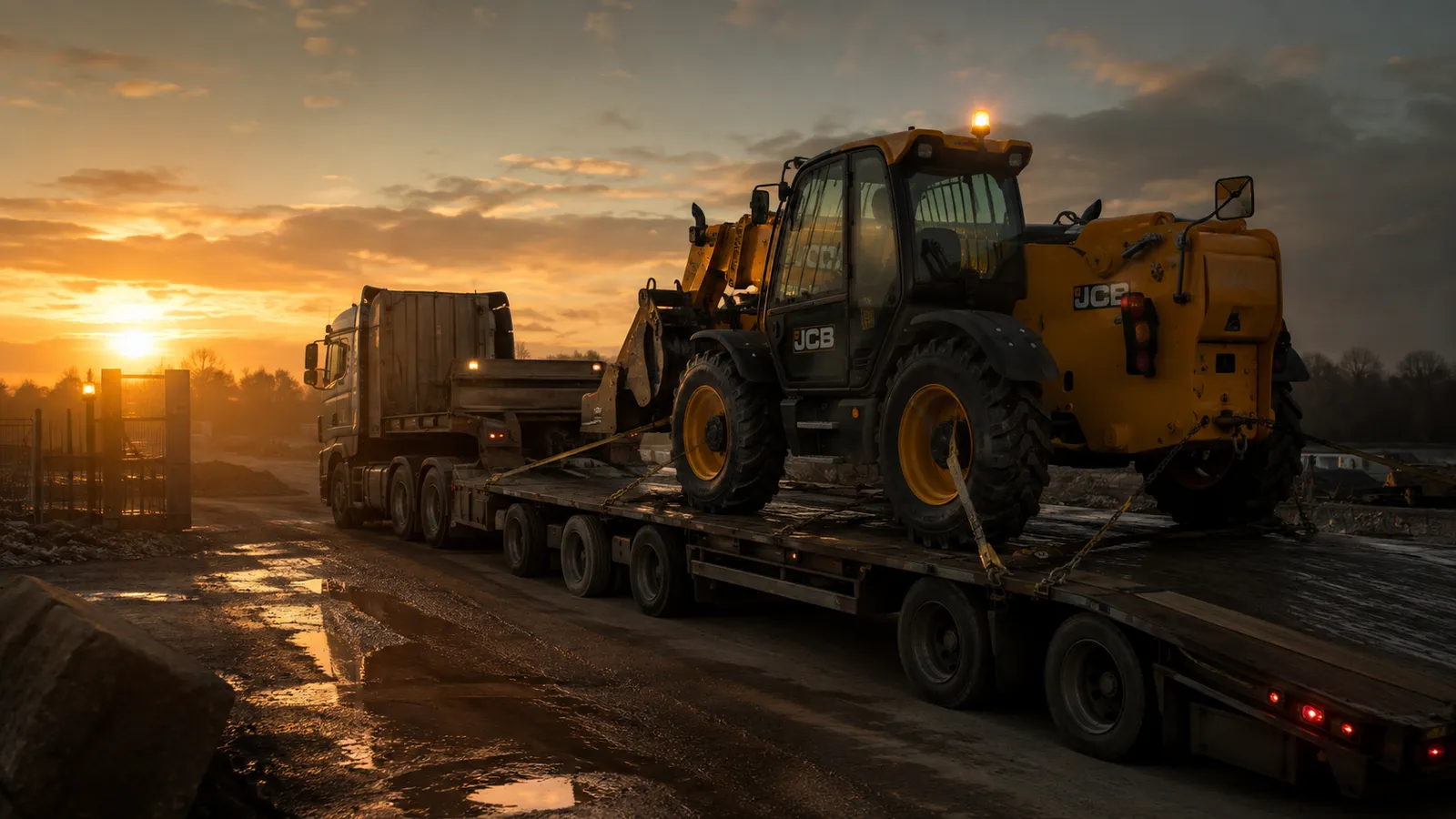 Телескопический погрузчик JCB на трале прибывает на объект на рассвете