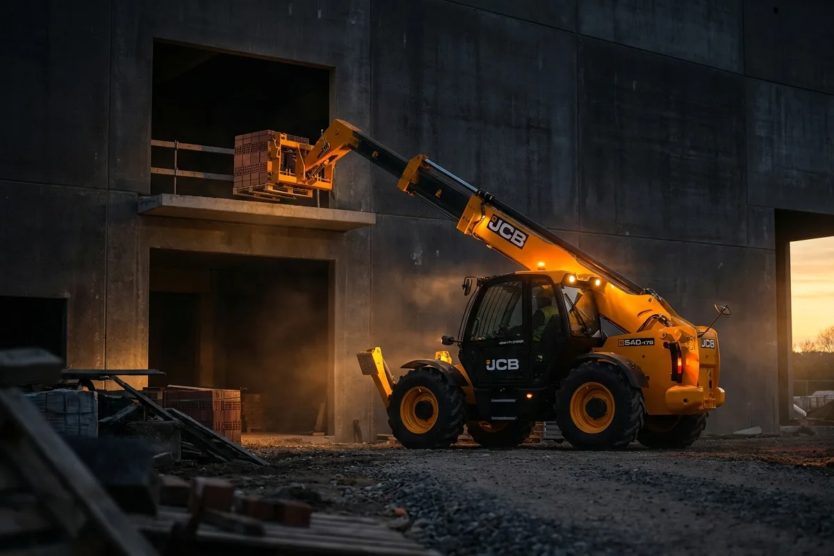 Телескопический погрузчик JCB 540-170 подаёт паллету кирпича на перекрытие второго этажа